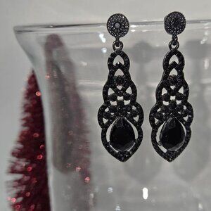 New BLACK CRYSTAL ONYX FACETTED PEAR LATTICE  VINTAGE STYLE DROP DANGLE EARRINGS